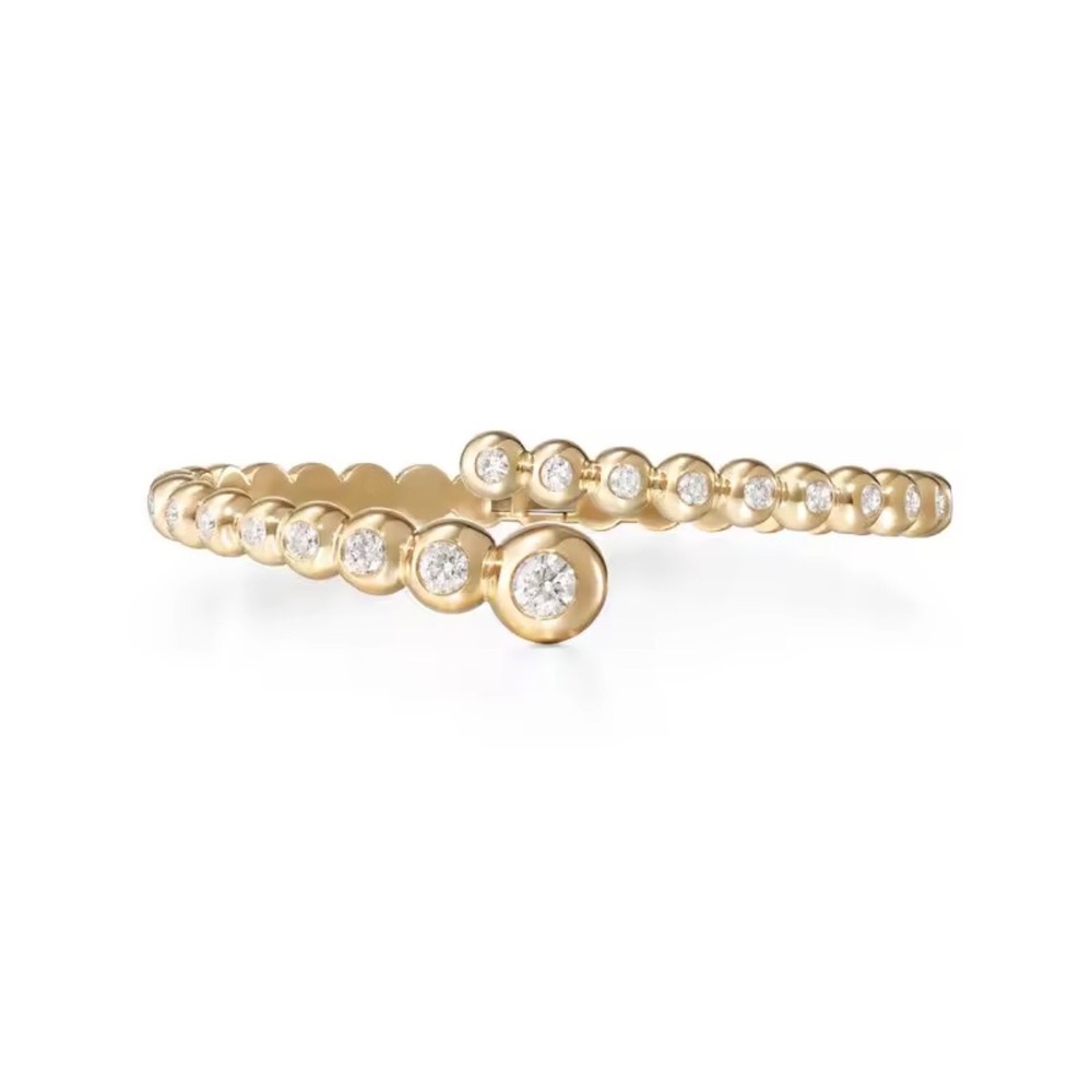 Gold Tone Beaded Bypass Bangle Bracelet with Round Bezel Set Crystals Hinged